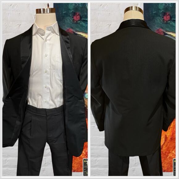 Vtg First Nighter Mens Tuxedo 44L 36x32 Black Tux Suit Adjustable Waist - Picture 4 of 16